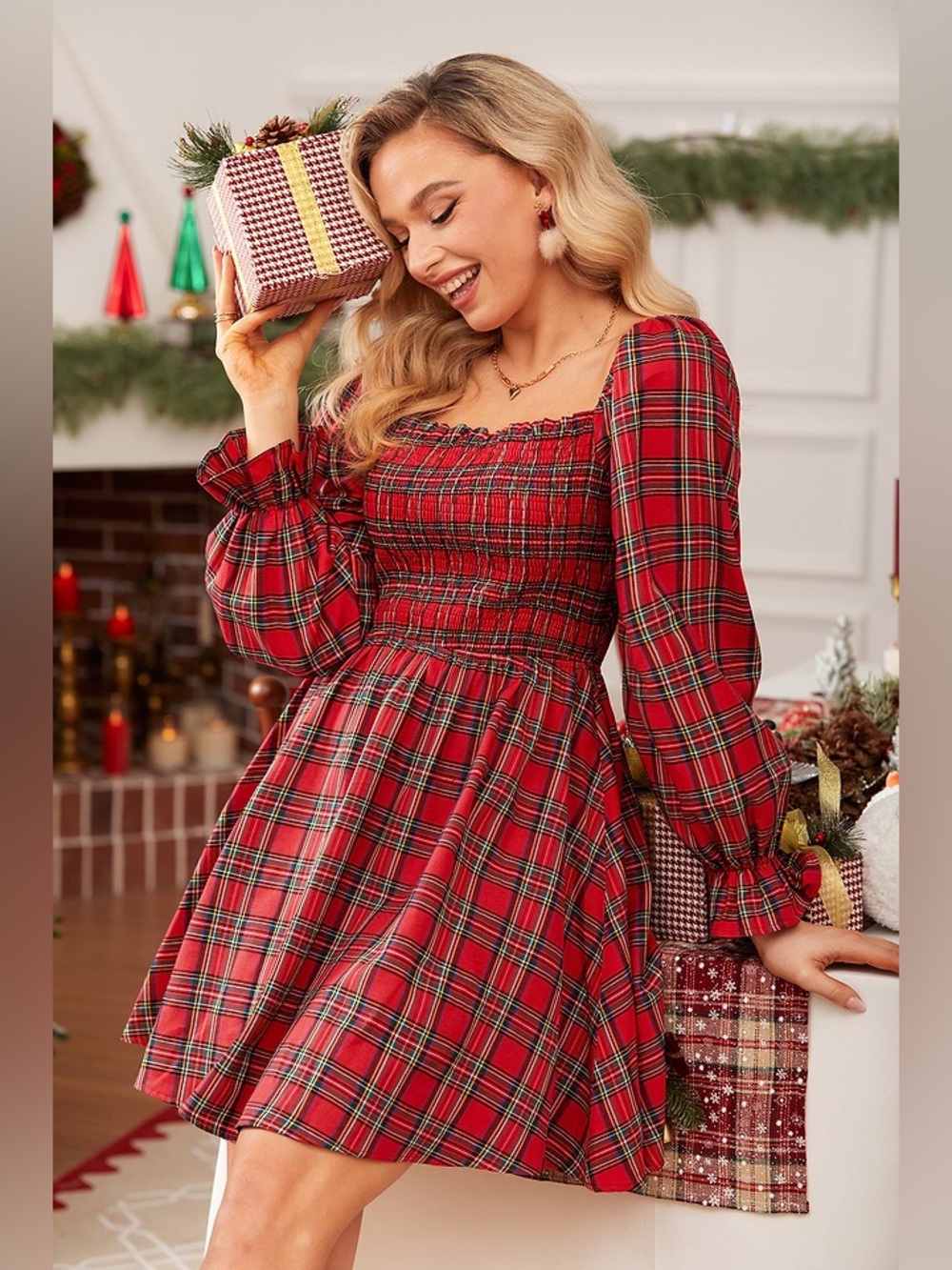 Cupshe Red Plaid Square Neck Puff Sleeve Mini Dress